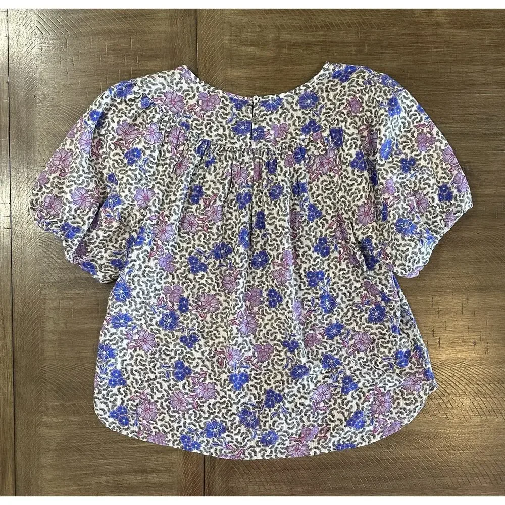 LOFT Purple Floral Print Shirred Yoke Top Puff Sleeve Lightweight Size Small EUC